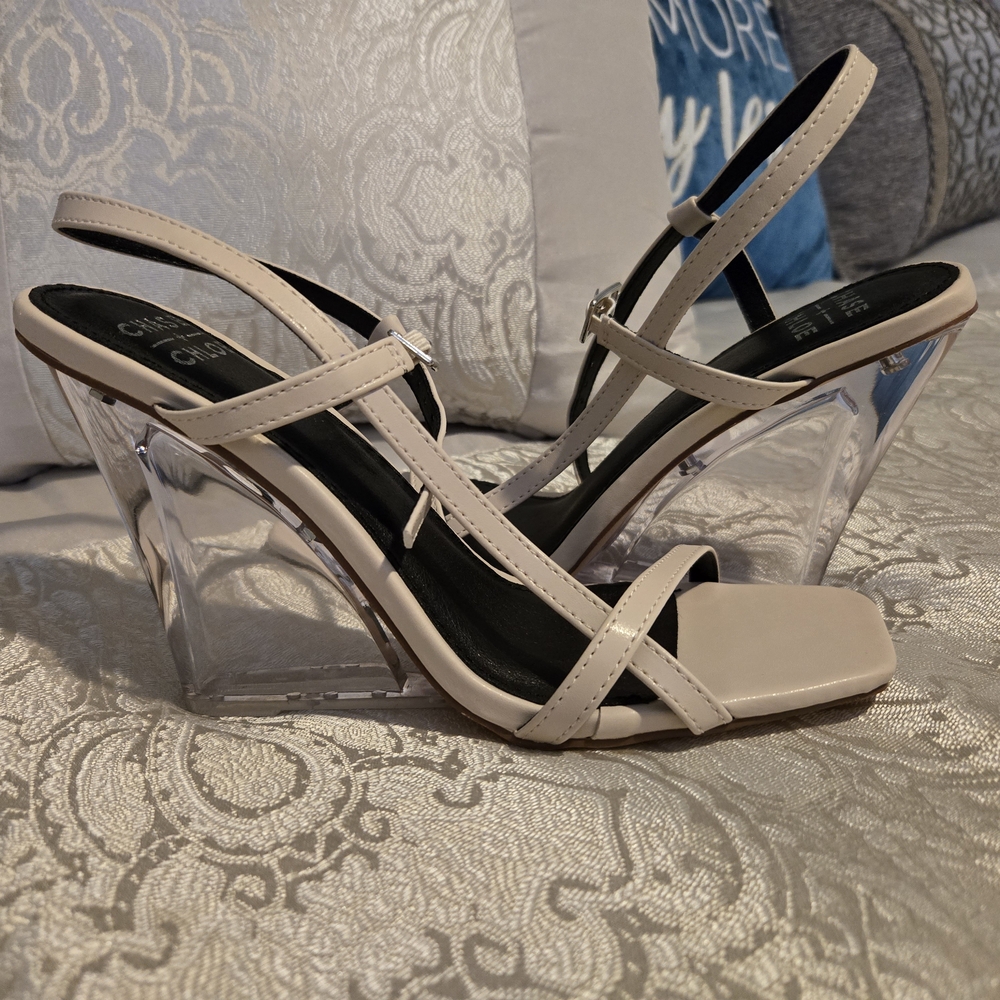 Chase + Chloe Cream Clear Wedge Sandals